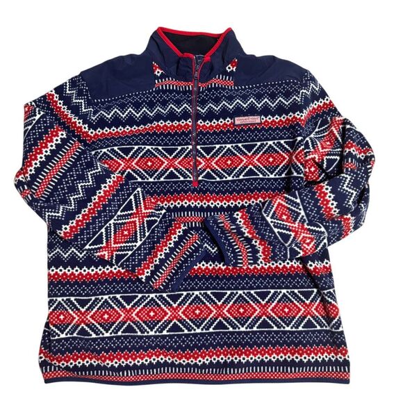 Vineyard Vines Fleece XXL Fair Isle Fleece Shep Shirt Half Zip‎ Red White Blue - Picture 1 of 7